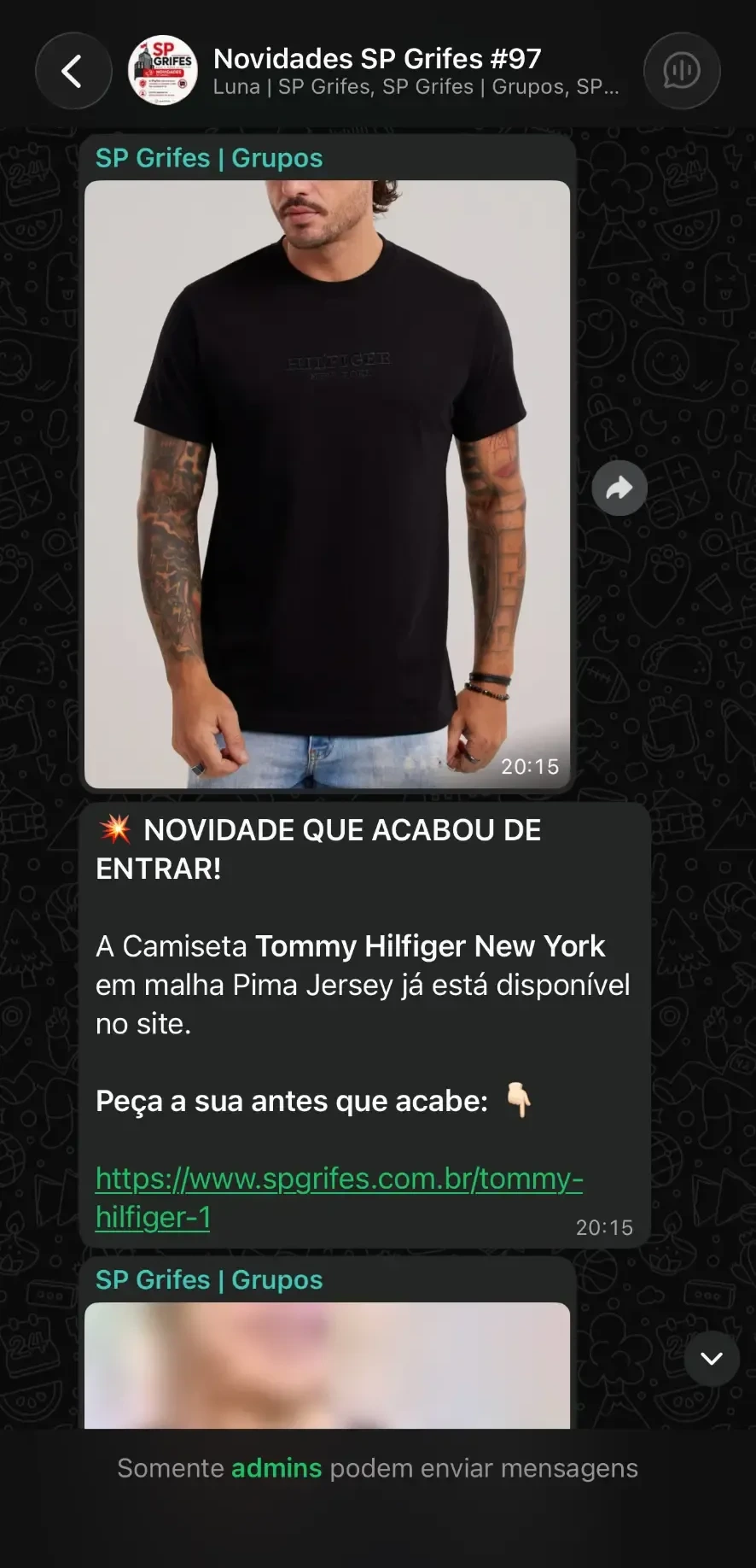 Print de novidades enviadas no grupo VIP da SP Grifes no WhatsApp