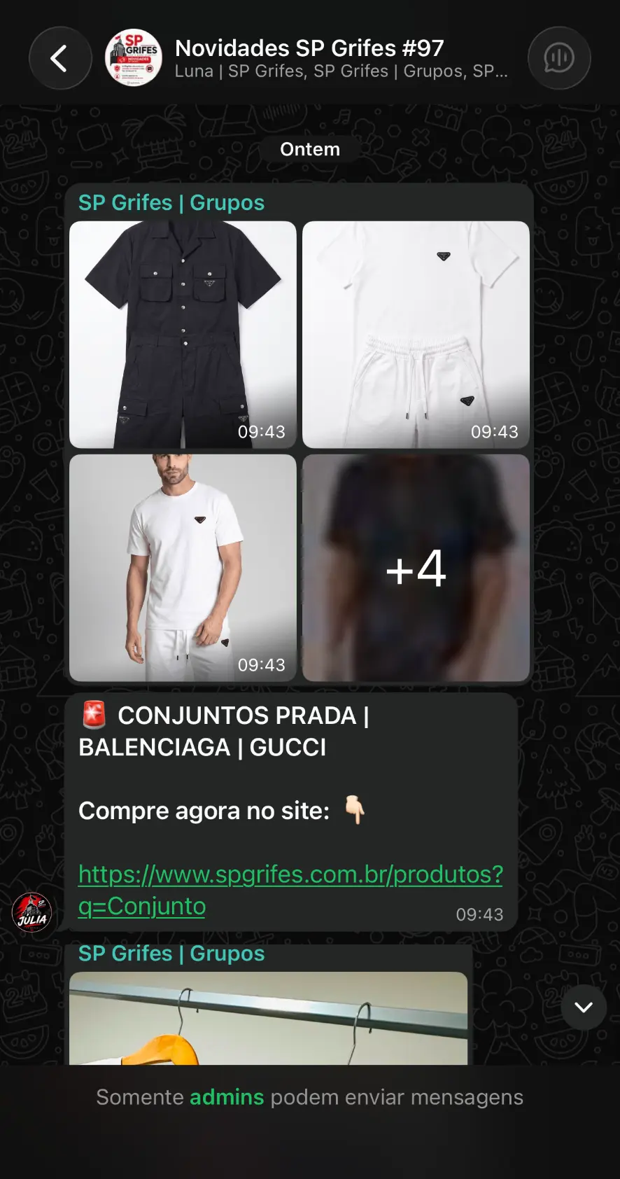 Print de novidades enviadas no grupo VIP da SP Grifes no WhatsApp