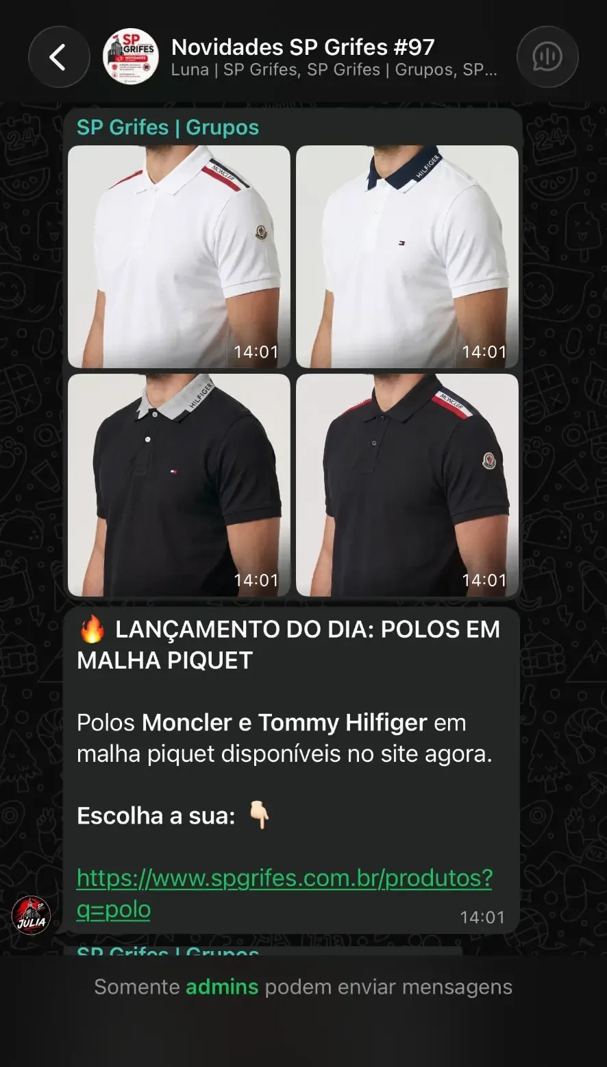 Print de novidades enviadas no grupo VIP da SP Grifes no WhatsApp