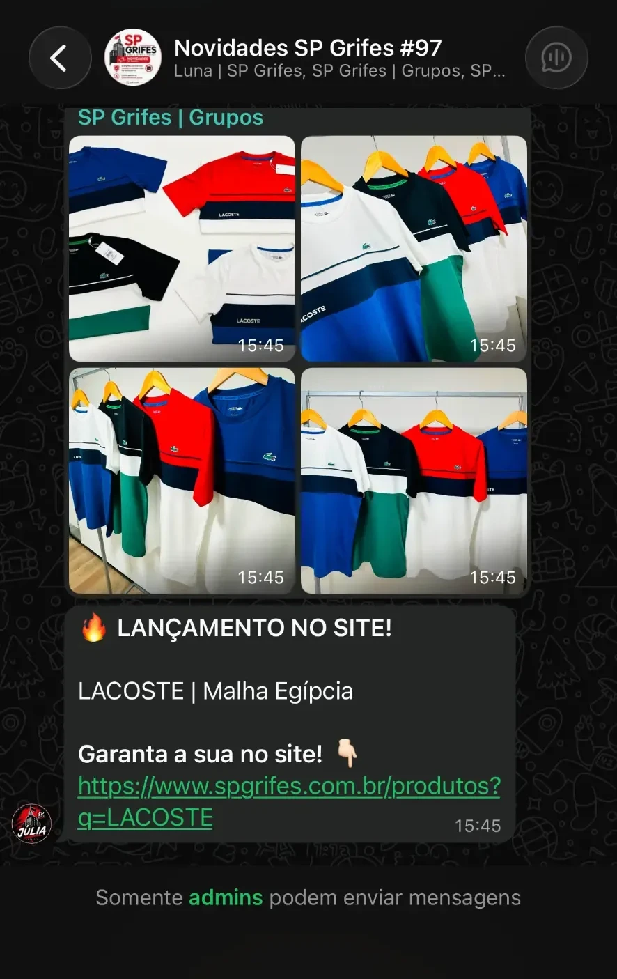 Print de novidades enviadas no grupo VIP da SP Grifes no WhatsApp