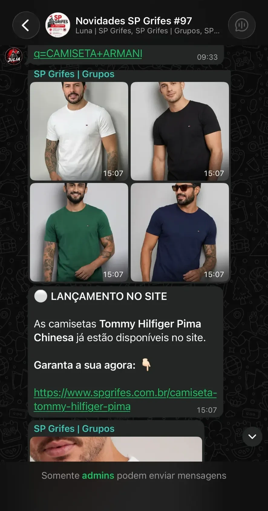 Print de novidades enviadas no grupo VIP da SP Grifes no WhatsApp