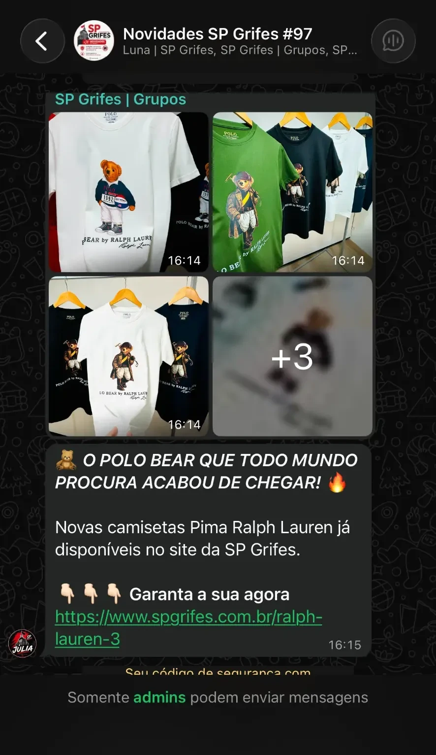 Print de novidades enviadas no grupo VIP da SP Grifes no WhatsApp
