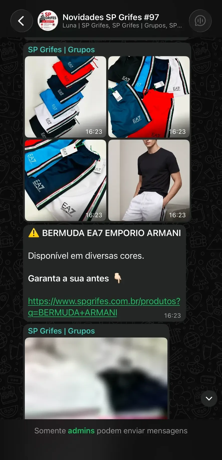 Print de novidades enviadas no grupo VIP da SP Grifes no WhatsApp