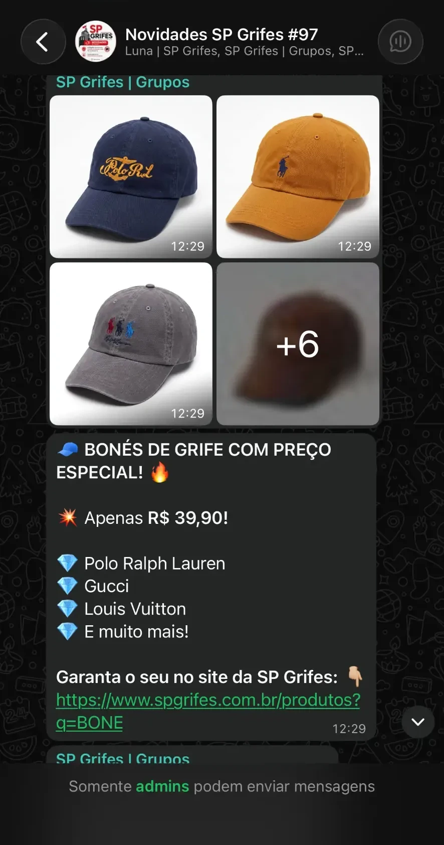 Print de novidades enviadas no grupo VIP da SP Grifes no WhatsApp