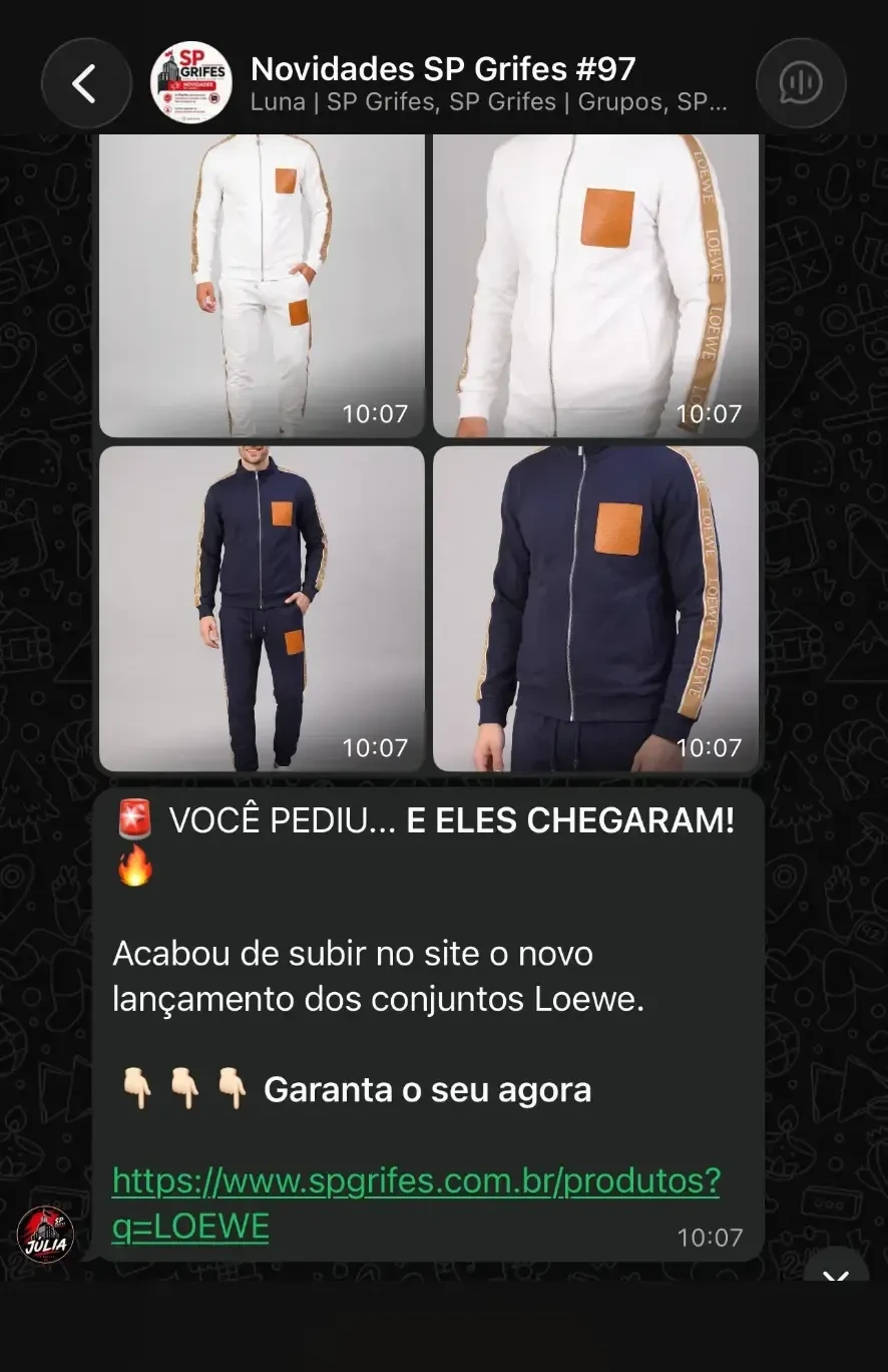 Print de novidades enviadas no grupo VIP da SP Grifes no WhatsApp