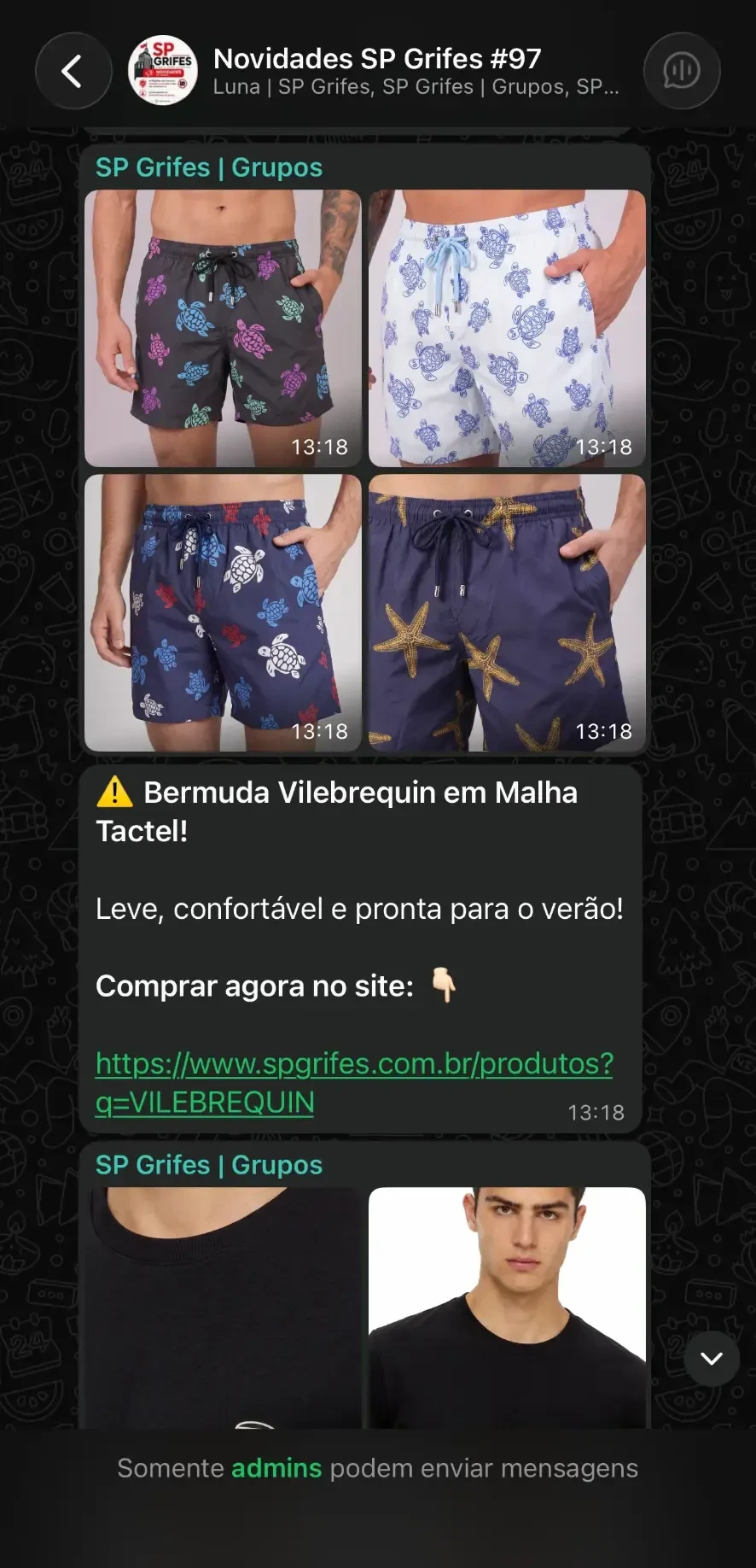 Print de novidades enviadas no grupo VIP da SP Grifes no WhatsApp