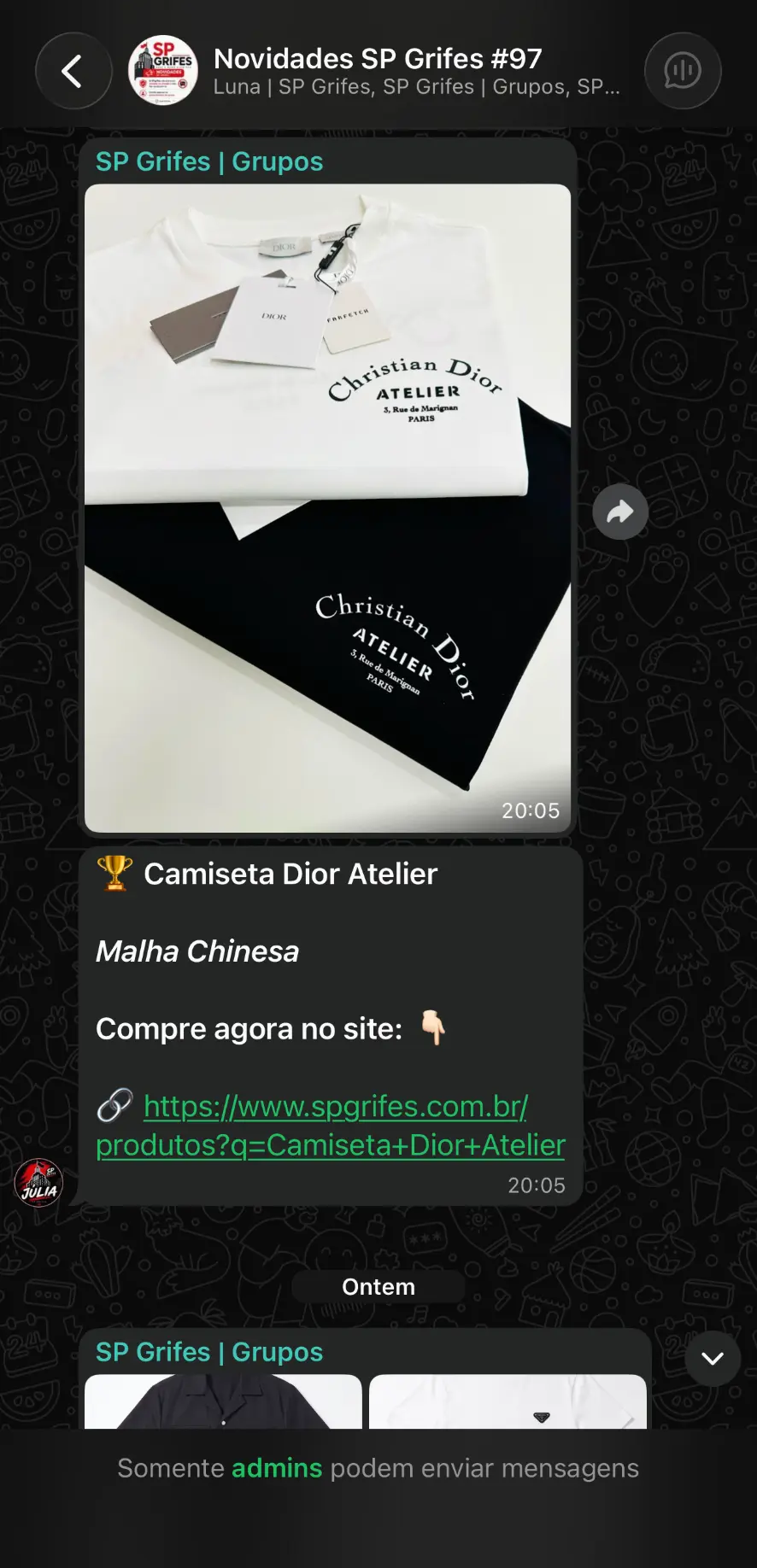 Print de novidades enviadas no grupo VIP da SP Grifes no WhatsApp