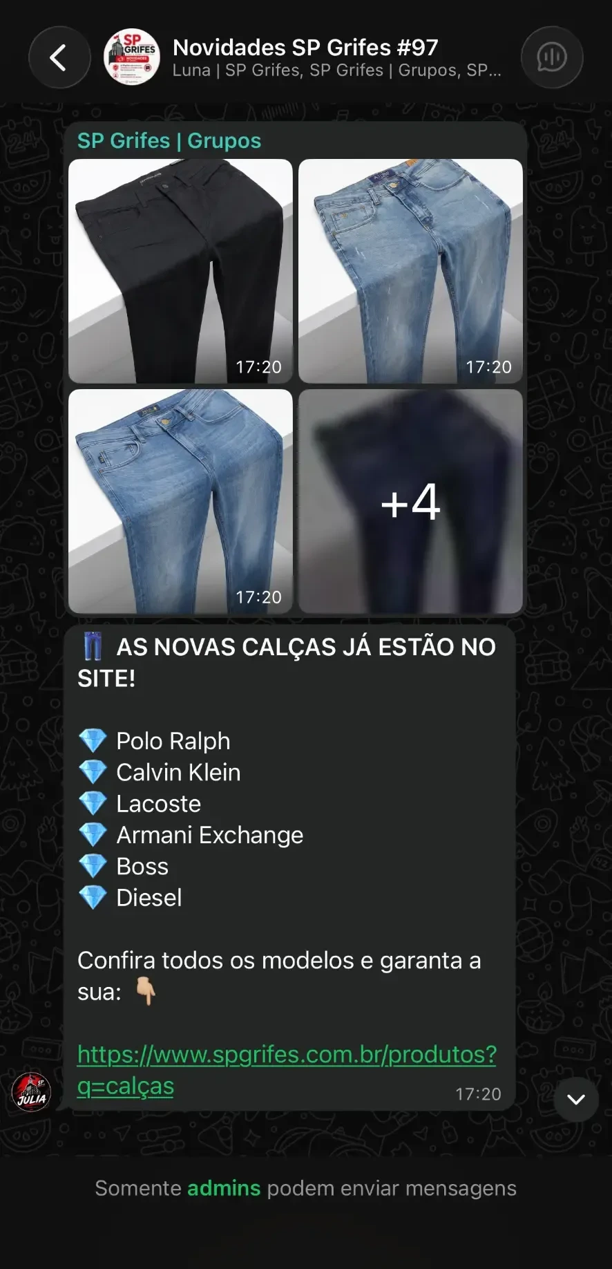 Print de novidades enviadas no grupo VIP da SP Grifes no WhatsApp