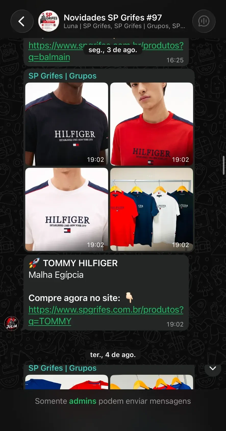 Print de novidades enviadas no grupo VIP da SP Grifes no WhatsApp
