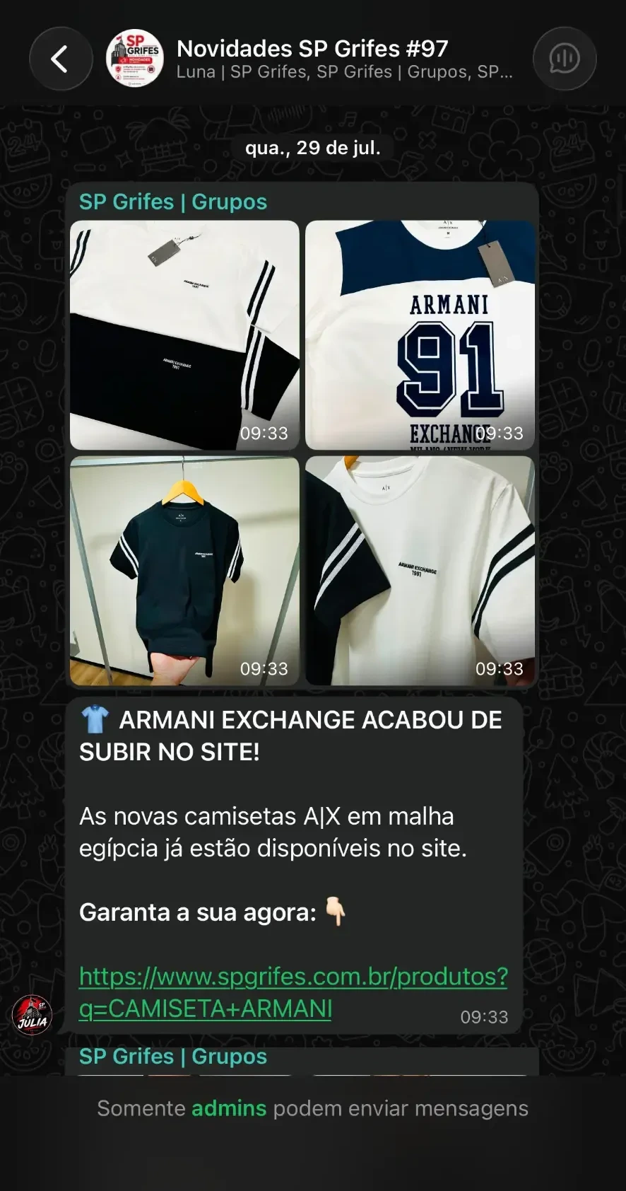 Print de novidades enviadas no grupo VIP da SP Grifes no WhatsApp